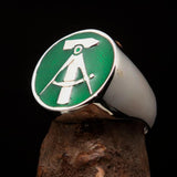 Perfectly crafted Men's GDR Socialist Ring Hammer Compasses Green - Sterling Silver - BikeRing4u