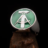 Perfectly crafted Men's GDR Socialist Ring Hammer Compasses Green - Sterling Silver - BikeRing4u
