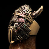 Excellent crafted Men's horned Viking Warrior Ring - antiqued Brass - BikeRing4u