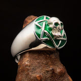 Excellent crafted domed Men's green Hexagram Skull Ring - Sterling Silver - BikeRing4u