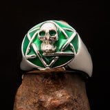 Excellent crafted domed Men's green Hexagram Skull Ring - Sterling Silver - BikeRing4u