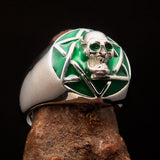 Excellent crafted domed Men's green Hexagram Skull Ring - Sterling Silver - BikeRing4u