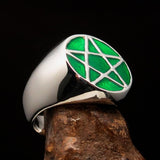 Perfectly crafted Men's Solid Line Pentagram Ring green - Sterling Silver - BikeRing4u