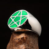 Perfectly crafted Men's Solid Line Pentagram Ring green - Sterling Silver - BikeRing4u