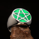 Perfectly crafted Men's Solid Line Pentagram Ring green - Sterling Silver - BikeRing4u