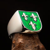Excellent crafted Men's green Fleur de Lis Coat of Arms Ring - Sterling Silver - BikeRing4u