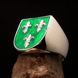 Excellent crafted Men's green Fleur de Lis Coat of Arms Ring - Sterling Silver - BikeRing4u