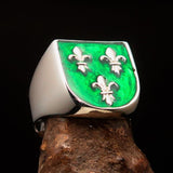 Excellent crafted Men's green Fleur de Lis Coat of Arms Ring - Sterling Silver - BikeRing4u