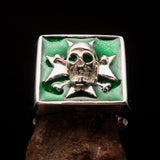 Excellent crafted Men's Pirate Skull Ring green Maltese Cross - Sterling Silver - BikeRing4u