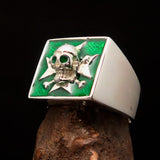 Excellent crafted Men's Pirate Skull Ring green Maltese Cross - Sterling Silver - BikeRing4u