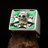 Excellent crafted Men's Pirate Skull Ring green Maltese Cross - Sterling Silver - BikeRing4u