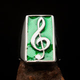 Excellent crafted Men's Musician Ring Treble Clef Symbol Green - Sterling Silver - BikeRing4u