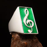 Excellent crafted Men's Musician Ring Treble Clef Symbol Green - Sterling Silver - BikeRing4u