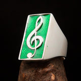 Excellent crafted Men's Musician Ring Treble Clef Symbol Green - Sterling Silver - BikeRing4u