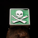 Perfectly crafted Men's Chef Skull Ring Crossed Fork Knife Green - Sterling Silver - BikeRing4u