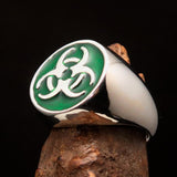 Nicely crafted Men's Biohazard Ring green Toxic Waste Symbol - Sterling Silver - BikeRing4u