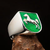 Perfectly crafted Men's Ring Horse Coat of Arms Green - Sterling Silver - BikeRing4u