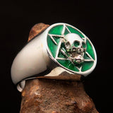 Excellent crafted Men's Biker Ring Green Hebrew Skull - Sterling Silver 925 - BikeRing4u