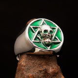 Excellent crafted Men's Biker Ring Green Hebrew Skull - Sterling Silver 925 - BikeRing4u