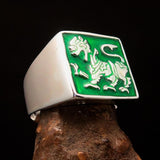 Perfectly crafted Men's green Sinhalese Lion Ring - Sterling Silver - BikeRing4u