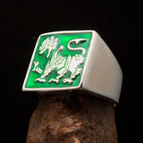 Perfectly crafted Men's green Sinhalese Lion Ring - Sterling Silver - BikeRing4u