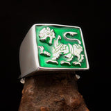 Perfectly crafted Men's green Sinhalese Lion Ring - Sterling Silver - BikeRing4u