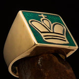 Perfectly crafted Men's Chess Player Ring Green King's Crown - Solid Brass - BikeRing4u