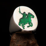 Excellent crafted Men's green Riding Knight Ring - Sterling Silver - BikeRing4u