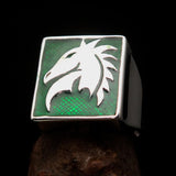 Excellent crafted Men's Chess Ring Horse Head green - Sterling Silver - BikeRing4u