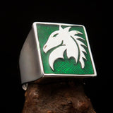 Excellent crafted Men's Chess Ring Horse Head green - Sterling Silver - BikeRing4u