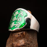 Excellent crafted Men's green 3 Lions Coat of Arms Ring - Sterling Silver - BikeRing4u