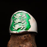 Excellent crafted Men's green 3 Lions Coat of Arms Ring - Sterling Silver - BikeRing4u