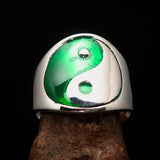 Excellent crafted Men's green Yin Yang Ring - Sterling Silver - BikeRing4u