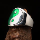 Excellent crafted Men's green Yin Yang Ring - Sterling Silver - BikeRing4u