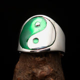 Excellent crafted Men's green Yin Yang Ring - Sterling Silver - BikeRing4u