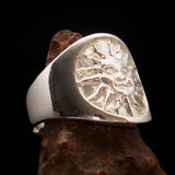 Excellent crafted shiny ancient Men's Inca Sun Aztec Ring - Sterling Silver - BikeRing4u