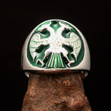 Excellent crafted ancient Men's Twin Head Eagle Ring Green - Sterling Silver - BikeRing4u