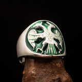 Excellent crafted ancient Men's Twin Head Eagle Ring Green - Sterling Silver - BikeRing4u