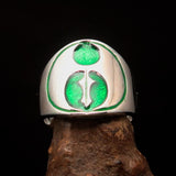 Excellent crafted ancient Men's green Labrys double Axe Ring - Sterling Silver - BikeRing4u