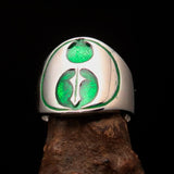 Excellent crafted ancient Men's green Labrys double Axe Ring - Sterling Silver - BikeRing4u