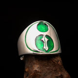 Excellent crafted ancient Men's green Labrys double Axe Ring - Sterling Silver - BikeRing4u