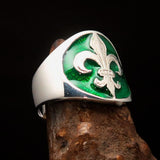 Excellent crafted Men's green Fleur de Lis Seal Ring - Sterling Silver - BikeRing4u