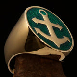 Perfectly crafted Men's Sailor Ring Big Anchor Green - Solid Brass - BikeRing4u