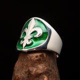 Excellent crafted Men's green Fleur de Lis Seal Ring - Sterling Silver - BikeRing4u