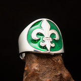Excellent crafted Men's green Fleur de Lis Seal Ring - Sterling Silver - BikeRing4u