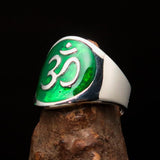 Excellent crafted Men's green Aum Buddhist Ring - Sterling Silver - BikeRing4u
