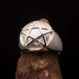 Perfectly domed Men's Two-Tone Matte Solid Line Pentagram Ring - Sterling Silver - BikeRing4u