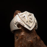 Excellent Crafted Men's Two-Tone Matte Lucky Number 13 Shield Ring - Sterling Silver - BikeRing4u