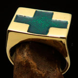 Perfectly crafted Men's Green Cross Ring - Solid Brass - BikeRing4u