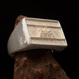 Perfectly crafted Men's rectangle Flag Ring Cambodia - Two-Tone Matte Sterling Silver - BikeRing4u